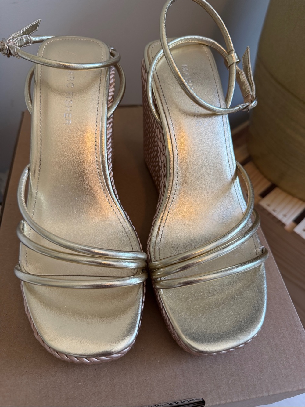 Marc Fisher Zeki Metallic Gold Wedge Sandal with Ankle Strap